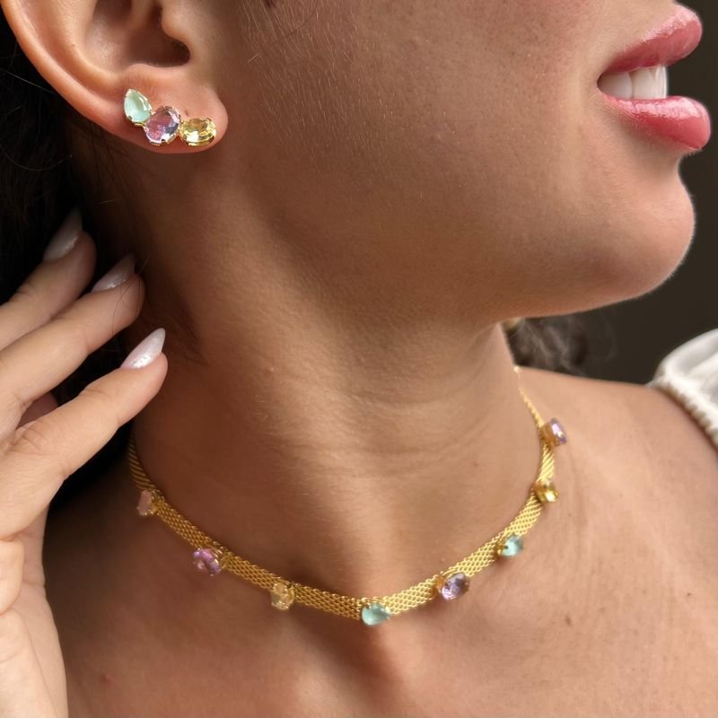 Choker Esteira c/ Gotas Banho Ouro 18k
