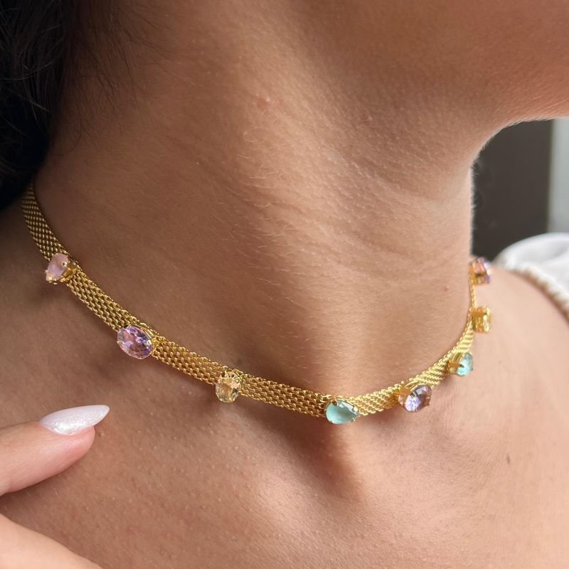 Choker Esteira c/ Gotas Banho Ouro 18k
