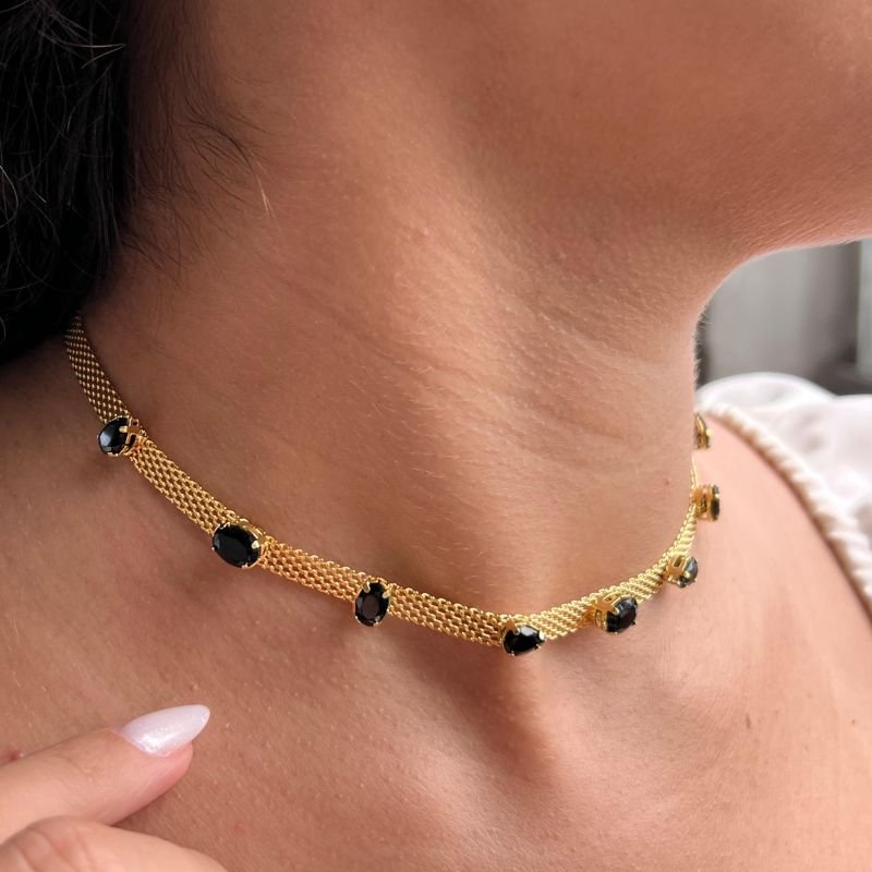 Choker Esteira c/ Gotas Banho Ouro 18k