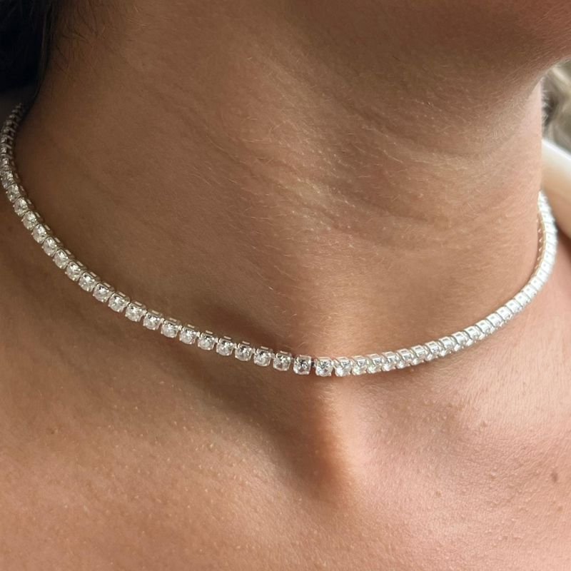 Choker Riviera Grossa Zirconia Cristal Banho Ouro 18k/Prata 925