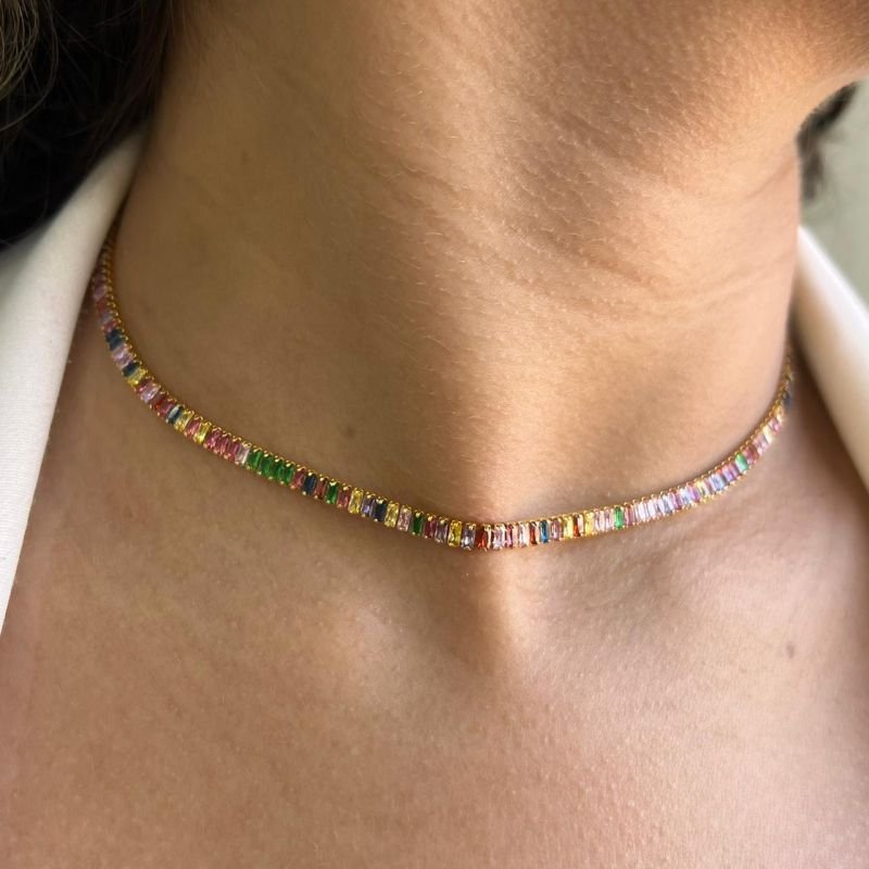 Choker Riviera Multicolor Fina Banho Ouro 18k/Prata 925