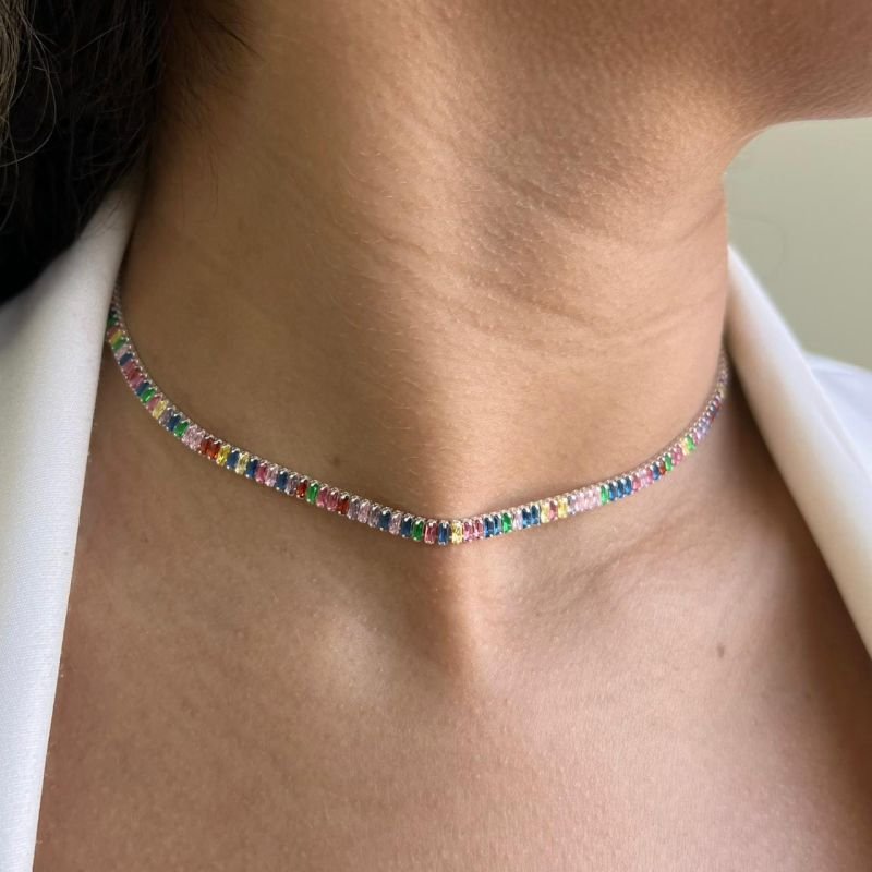 Choker Riviera Multicolor Fina Banho Ouro 18k/Prata 925
