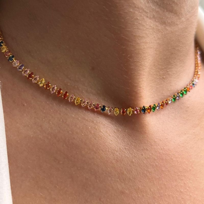 Choker Riviera Navete Zirconia Multicor Banho Ouro 18k