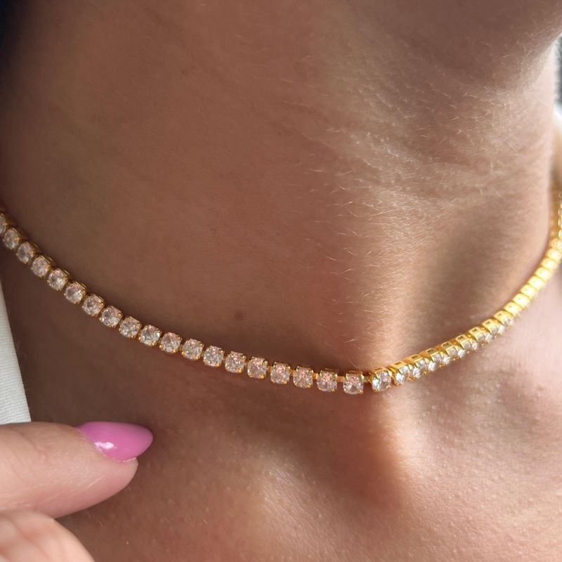 Choker Riviera Grossa Zirconia Cristal Banho Ouro 18k/Prata 925