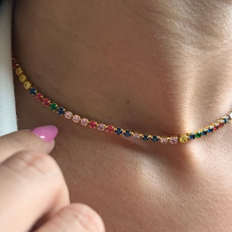 Choker Riviera Zirconia Multicor Banho Ouro 18k