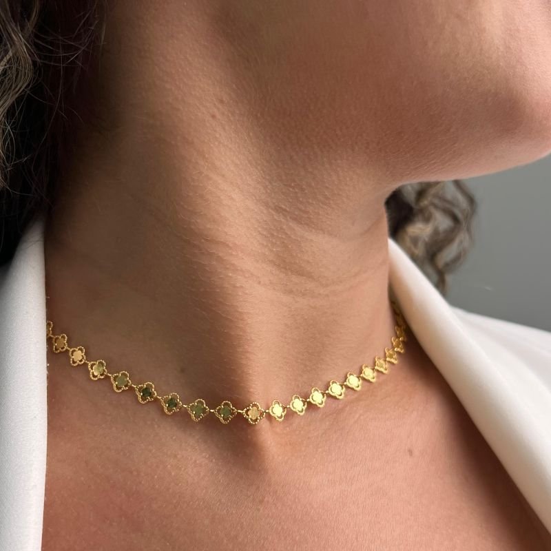 Choker Trevo Banho Ouro 18k/Prata 925