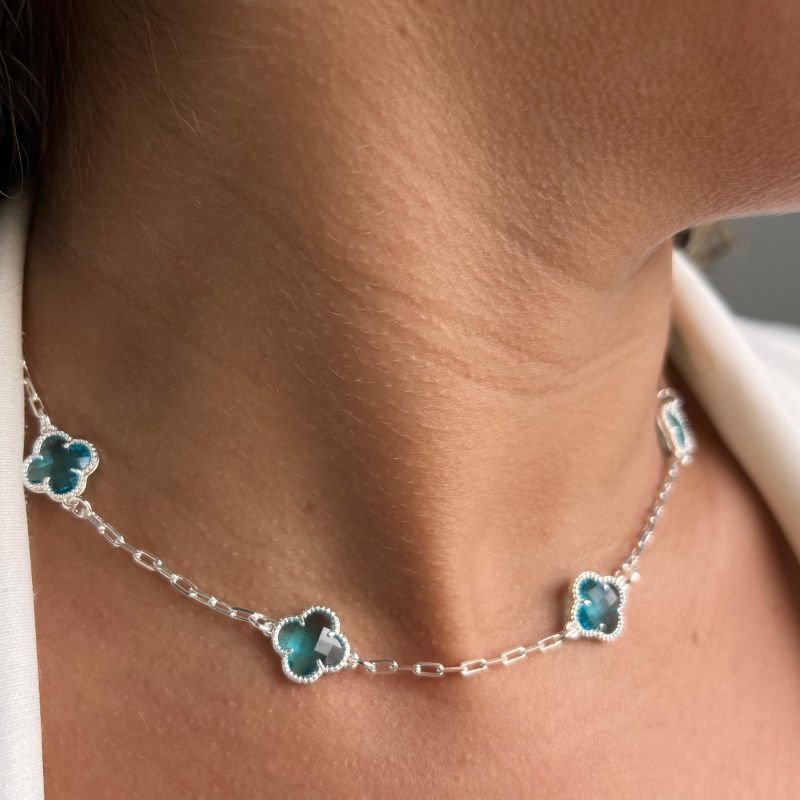 Choker Trevo Cristal Azul Banho Ouro 18k/Prata 925