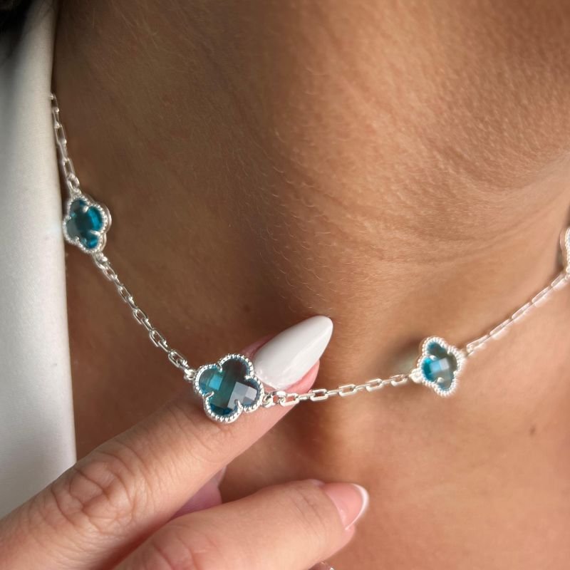 Choker Trevo Cristal Azul Banho Ouro 18k/Prata 925