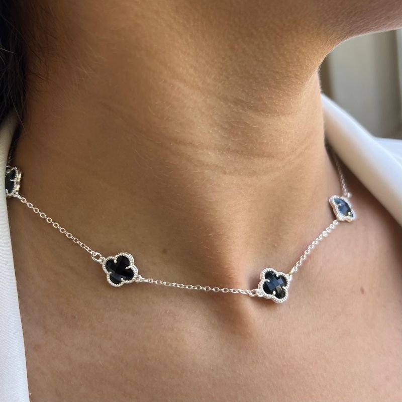 Choker Trevo Cristal Preto Banho Ouro 18k/Prata 925