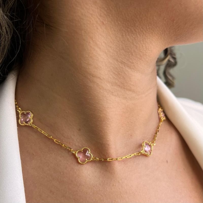 Choker Trevo Cristal Rosa Banho Ouro 18k/Prata 925