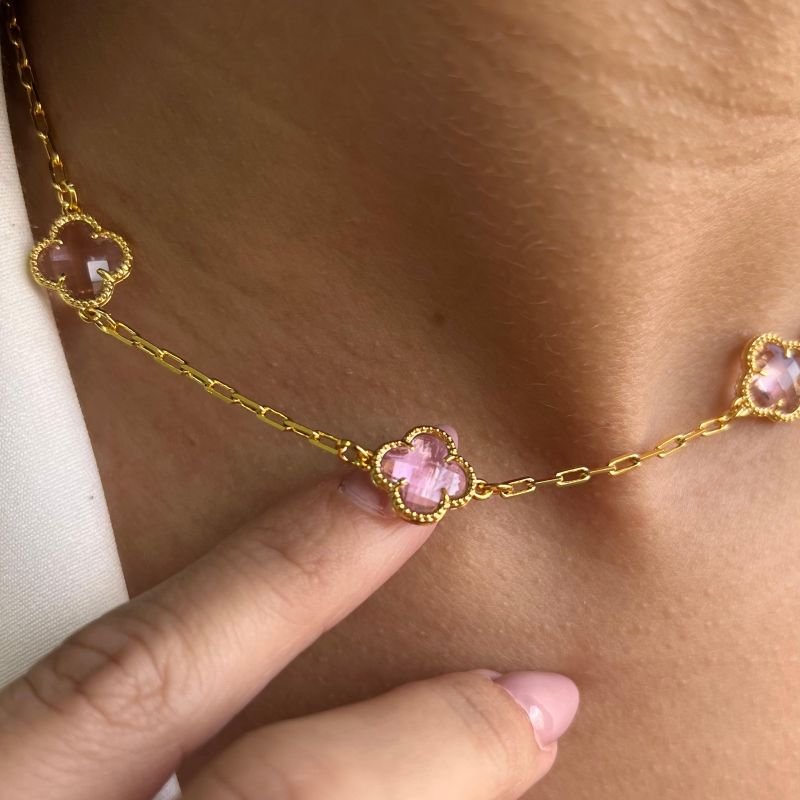 Choker Trevo Cristal Rosa Banho Ouro 18k/Prata 925