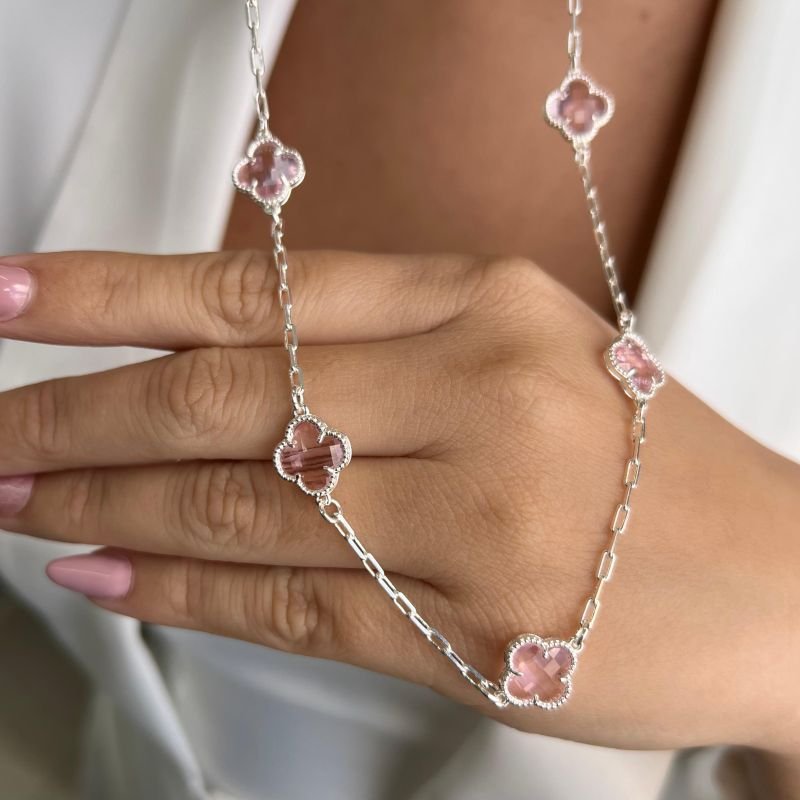 Choker Trevo Cristal Rosa Banho Ouro 18k/Prata 925