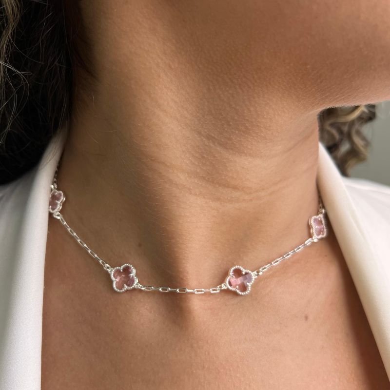 Choker Trevo Cristal Rosa Banho Ouro 18k/Prata 925