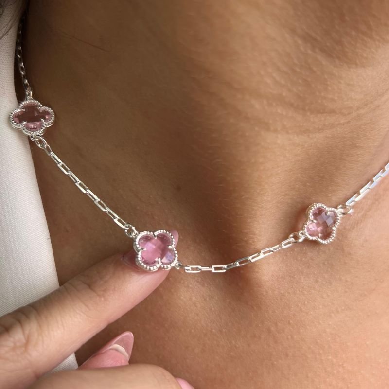 Choker Trevo Cristal Rosa Banho Ouro 18k/Prata 925