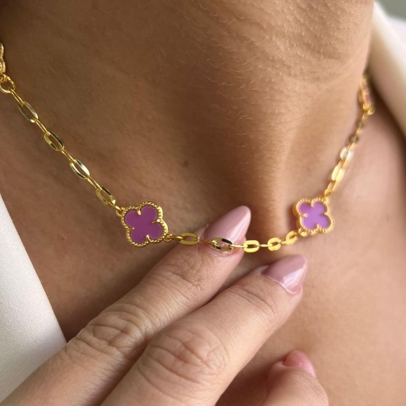 Choker Trevo Lilás Banho Ouro 18k