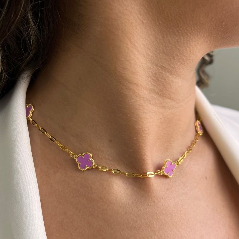 Choker Trevo Lilás Banho Ouro 18k