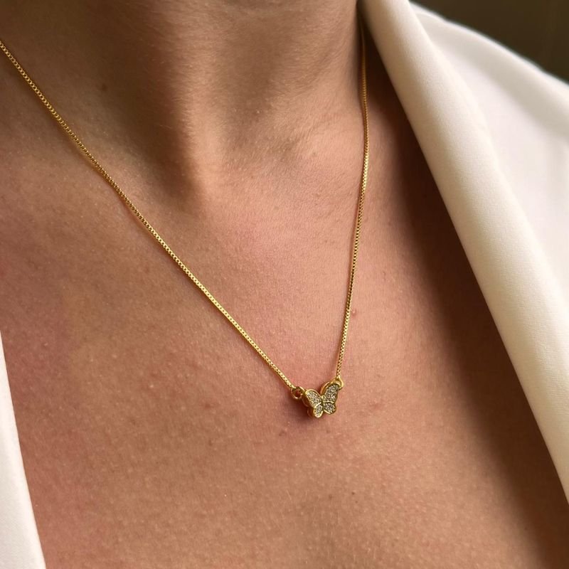 Colar Borboleta 2 Em 1 Banho Ouro 18k