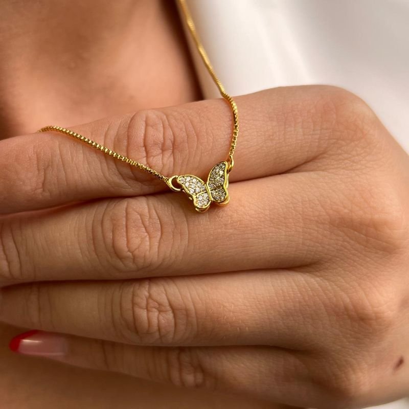 Colar Borboleta 2 Em 1 Banho Ouro 18k