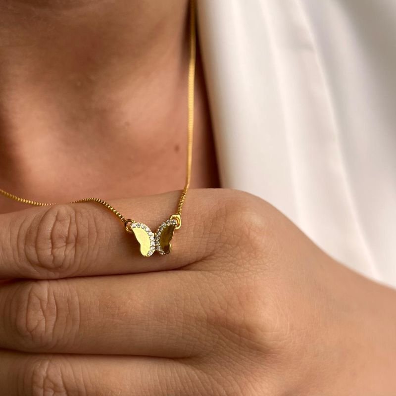 Colar Borboleta 2 Em 1 Banho Ouro 18k