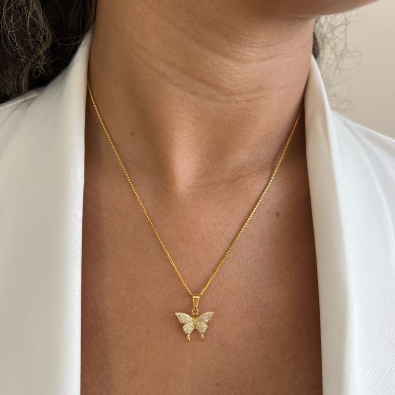 Colar Borboleta Cravejada Banho Ouro 18k/Prata 925