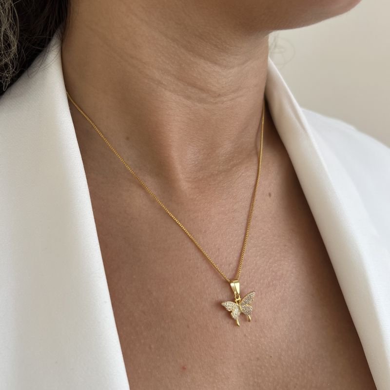 Colar Borboleta Cravejada Banho Ouro 18k/Prata 925