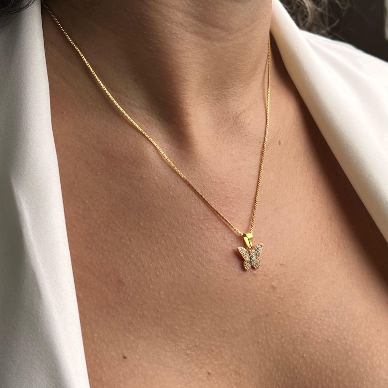 Colar Borboleta Cravejada Banho Ouro18k/Prata 925
