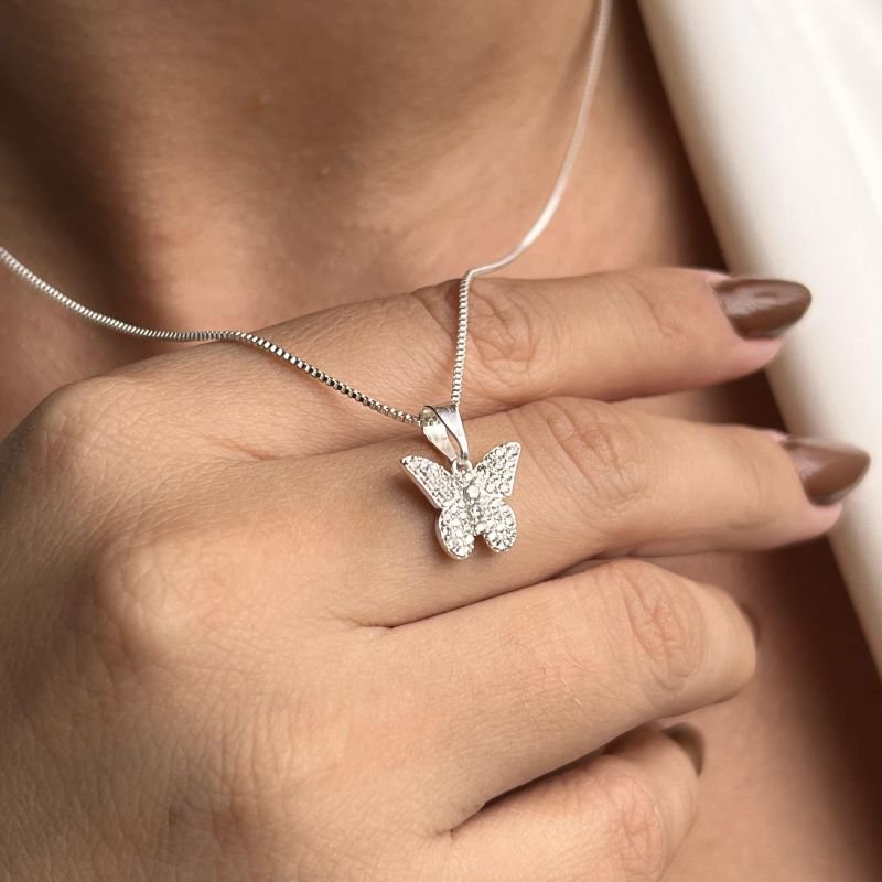 Colar Borboleta Cravejada Banho Ouro18k/Prata 925