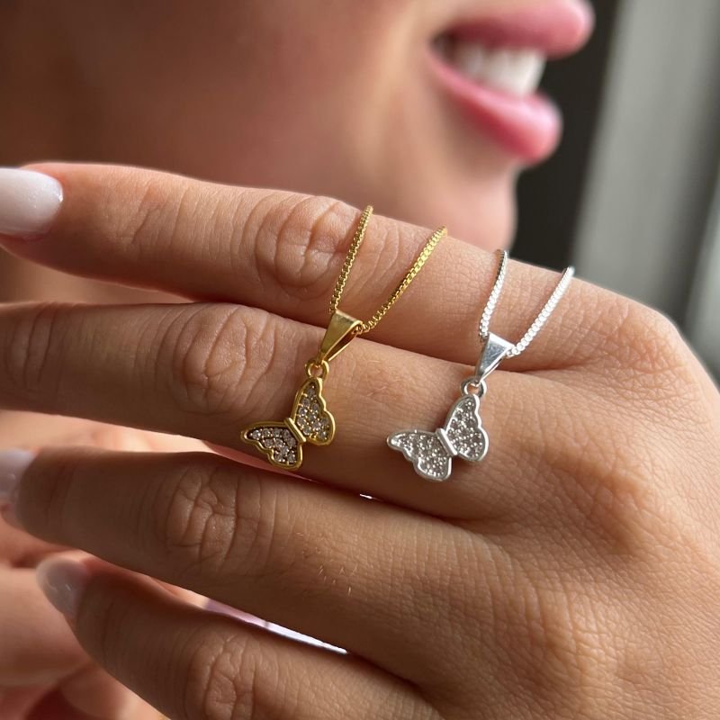 Colar Borboleta Cravejado Banho Ouro 18k/Prata 925