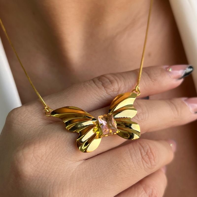 Colar Borboleta Orgânica Banho Ouro 18k