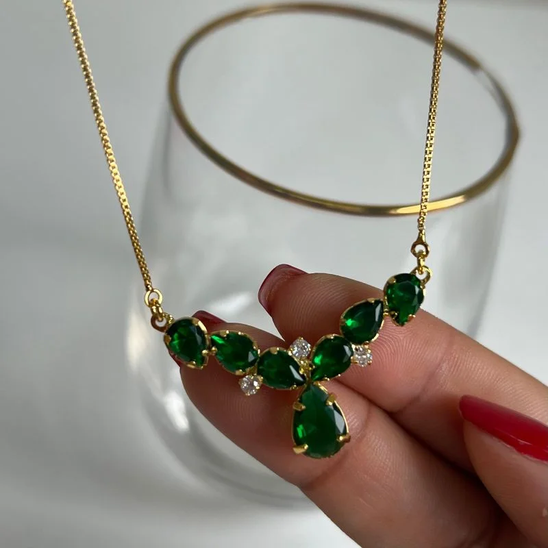 Colar C/ Zircônia Verde Banho Ouro18k/Prata 925