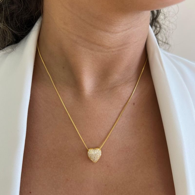 Colar Coração Cravejado Banho Ouro 18k/Prata 925