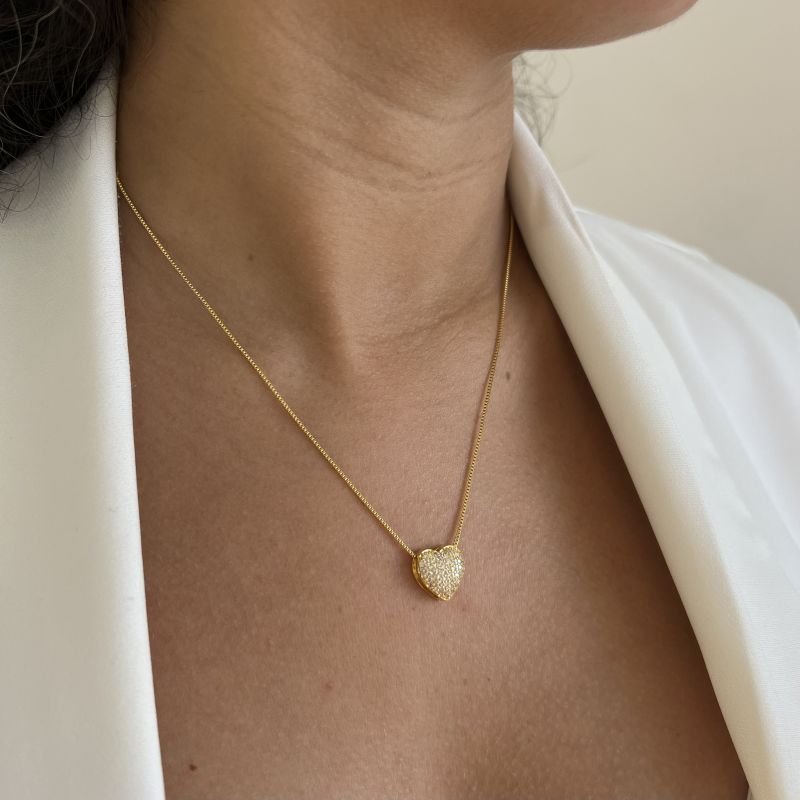 Colar Coração Cravejado Banho Ouro 18k/Prata 925