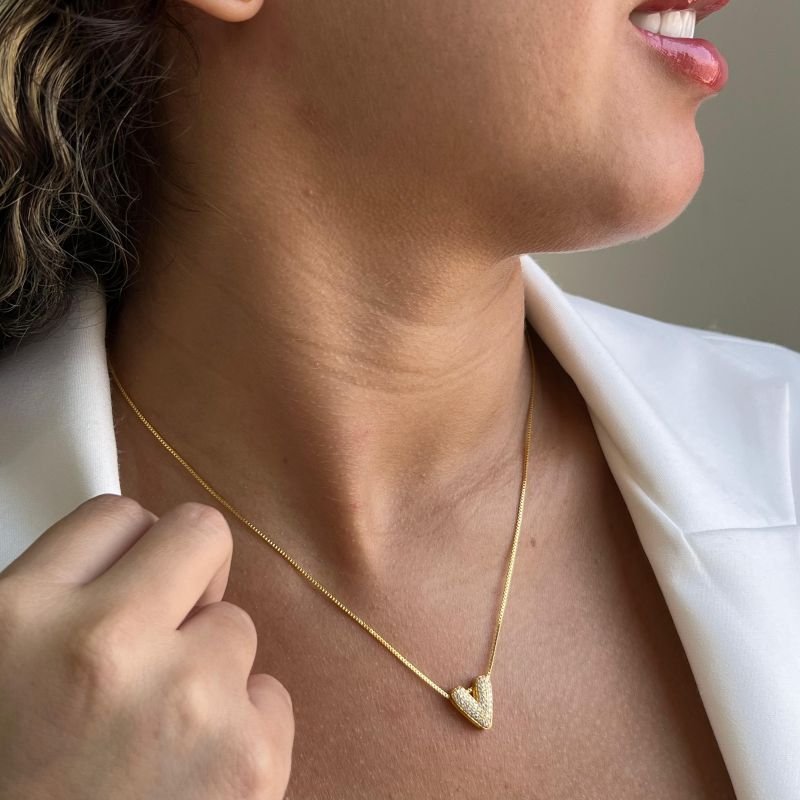 Colar Coração Cravejado Banho Ouro 18k/Prata 925