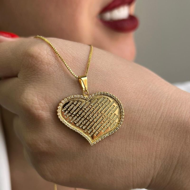 Colar Coração Pai Nosso Banho Ouro 18k/Prata 925