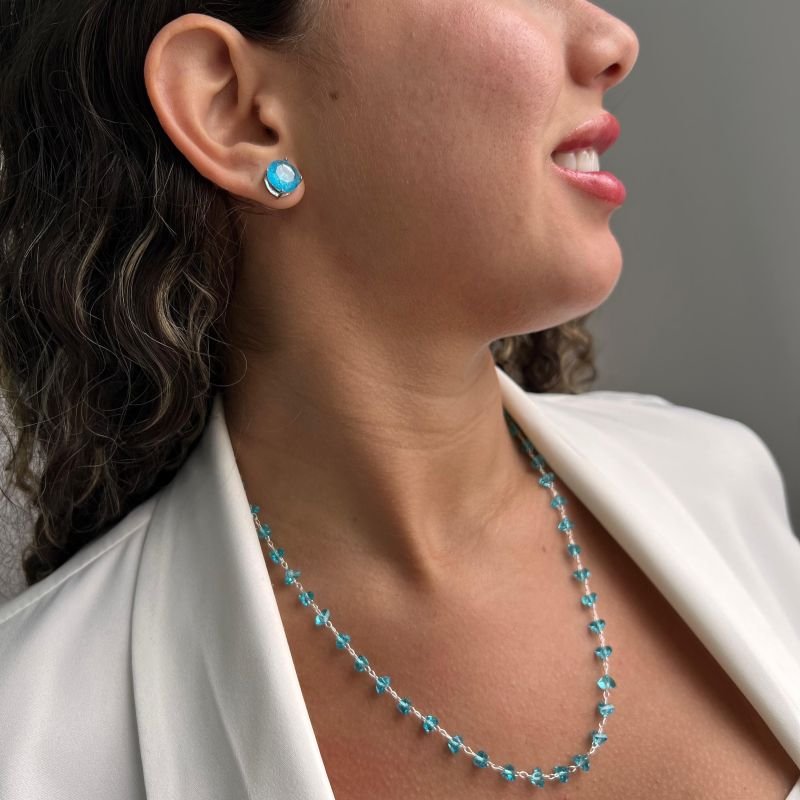 Colar Cristal Azul Médio 52cm Banho Ouro 18k/Prata 925