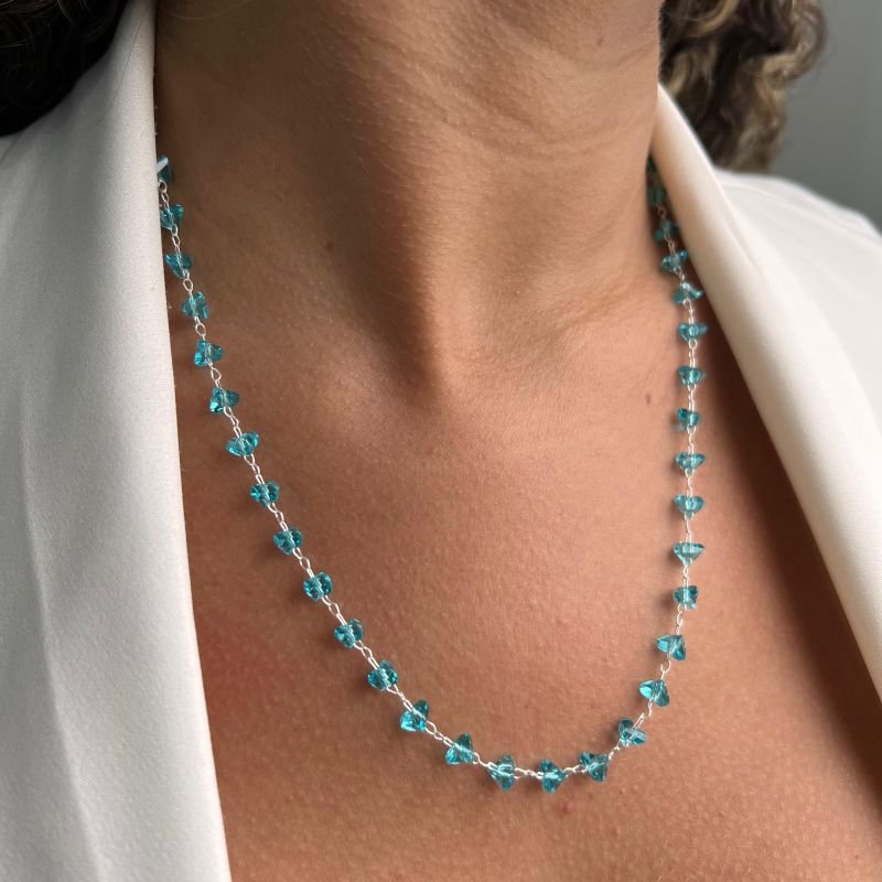 Colar Cristal Azul Médio 52cm Banho Ouro 18k/Prata 925