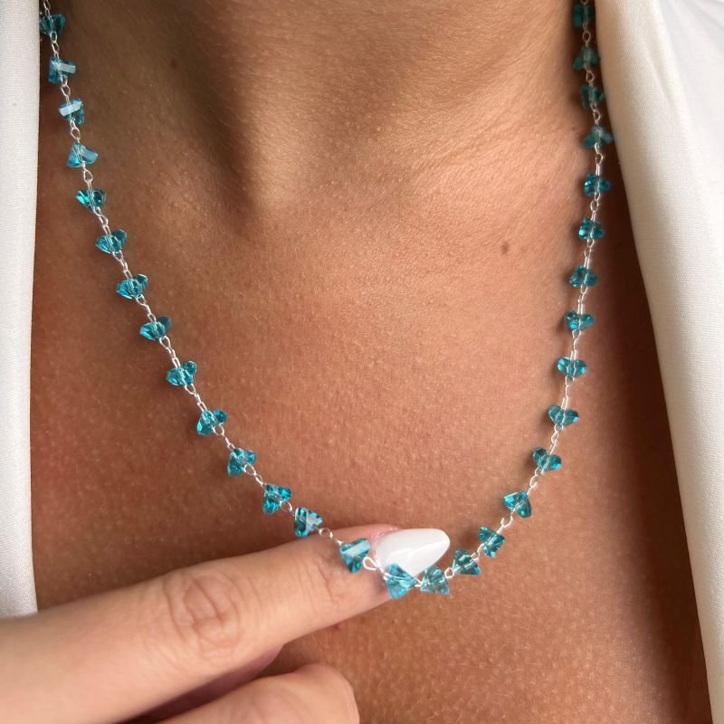 Colar Cristal Azul Médio 52cm Banho Ouro 18k/Prata 925