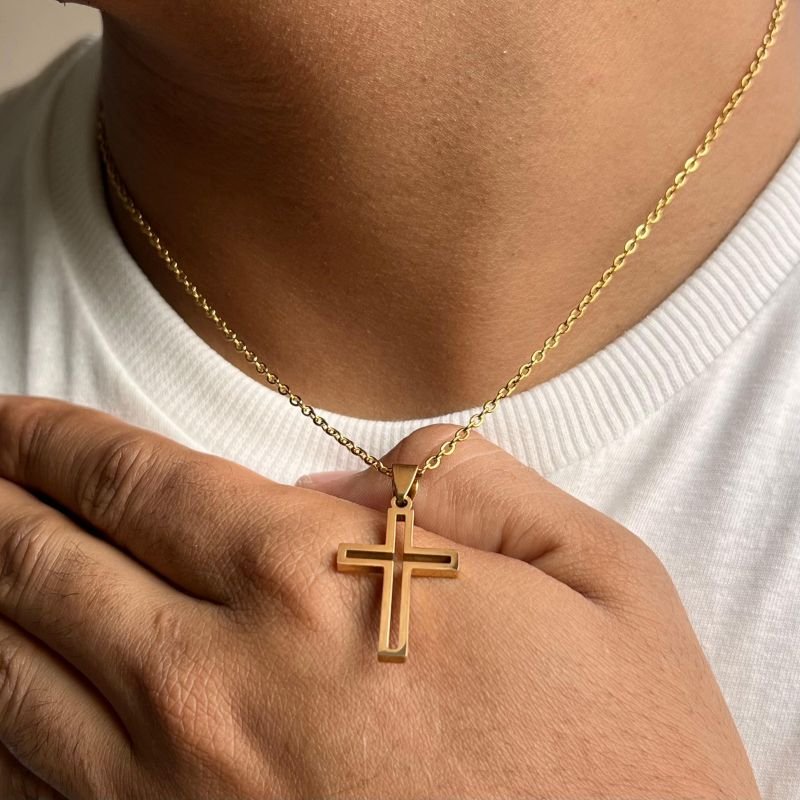 Colar Crucifixo Aço Inoxidável Dourado/Ródio