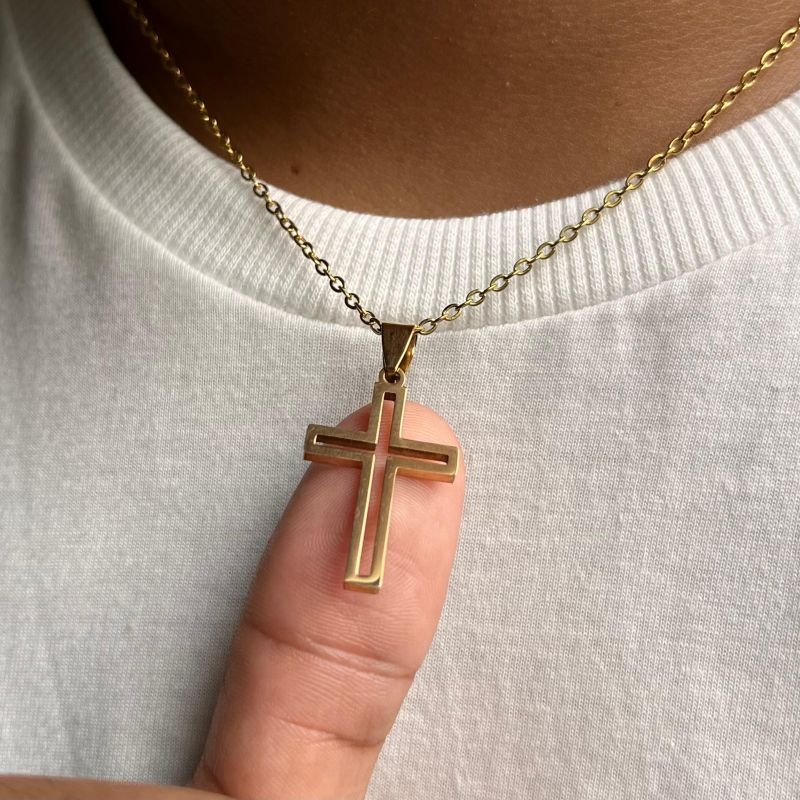 Colar Crucifixo Aço Inoxidável Dourado/Ródio