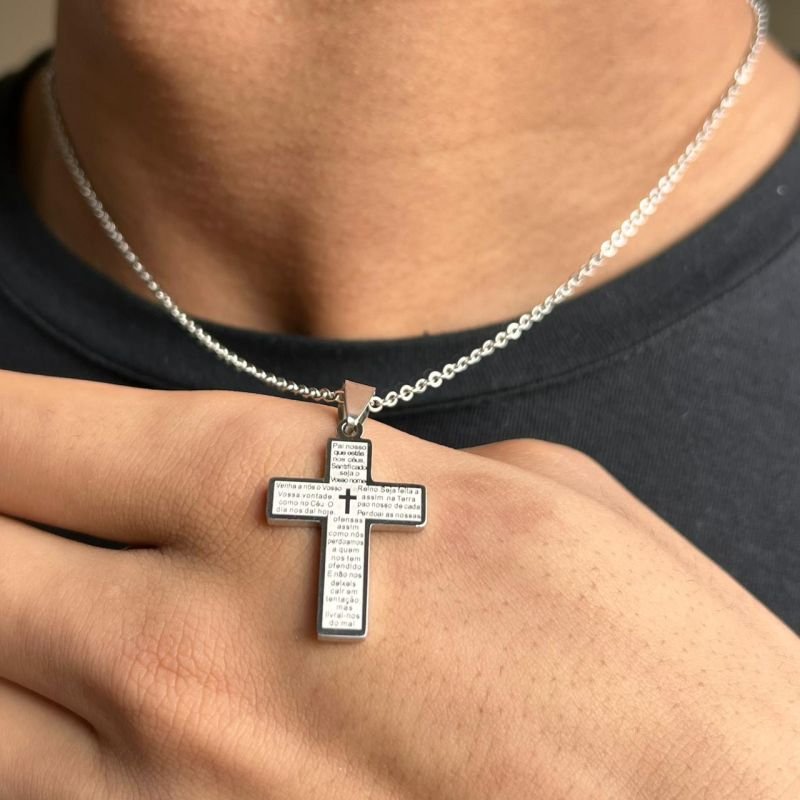 Colar Crucifixo Pai Nosso Aço Inoxidável Dourado/Ródio