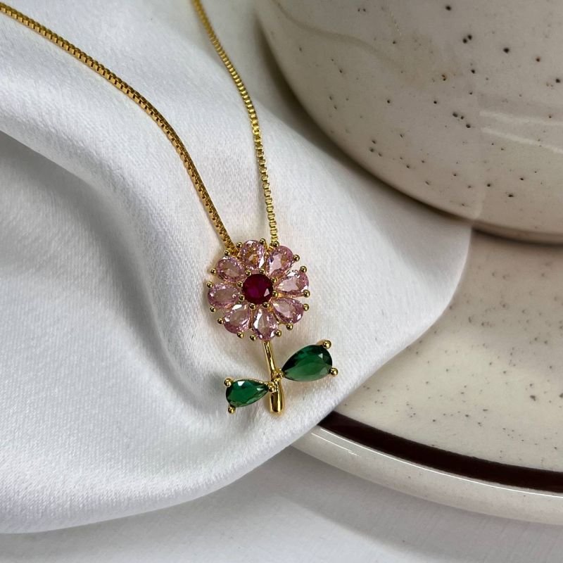 Colar De Flor Zircônia Pétalas Rosa Banho Ouro 18k/Prata 925