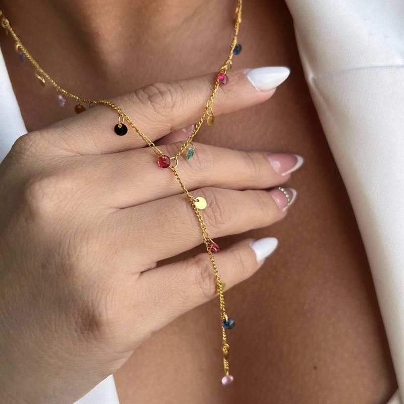 Colar Gravata Pontos de Luz Multicolor Banho Ouro 18k/Prata 925