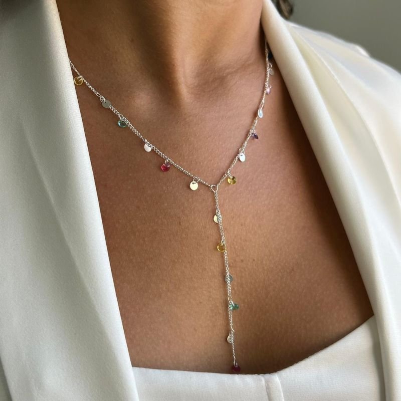 Colar Gravata Pontos de Luz Multicolor Banho Ouro 18k/Prata 925