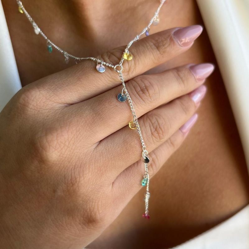 Colar Gravata Pontos de Luz Multicolor Banho Ouro 18k/Prata 925