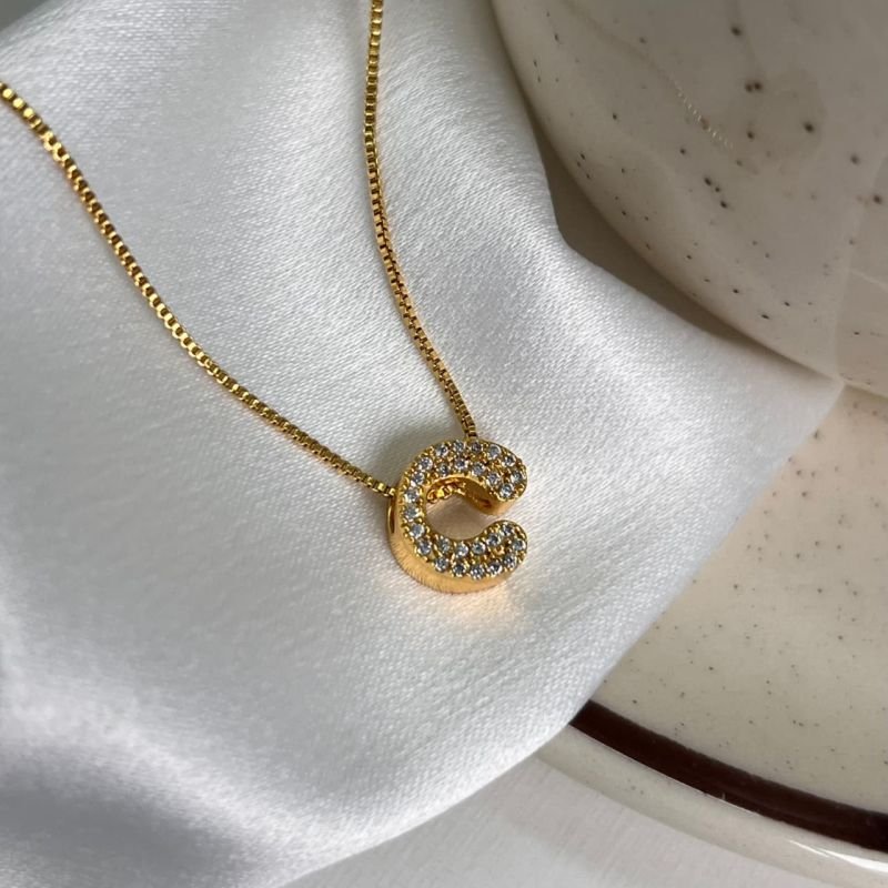 Colar Inicial C Cravejado Banho Ouro 18k/Prata 925