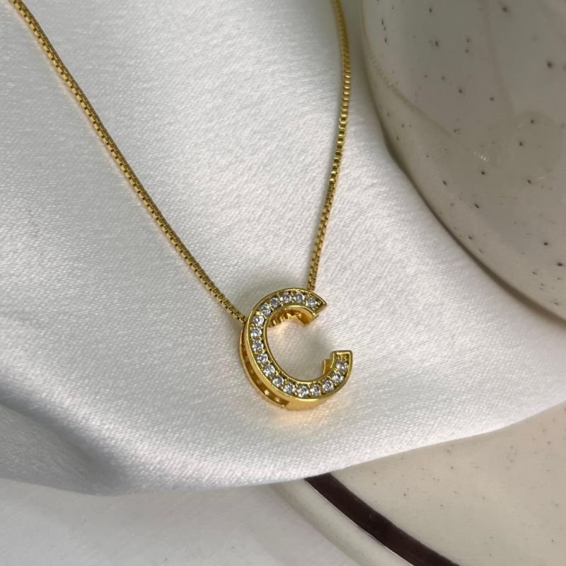 Colar Inicial C Cravejado Banho Ouro 18k/Prata 925