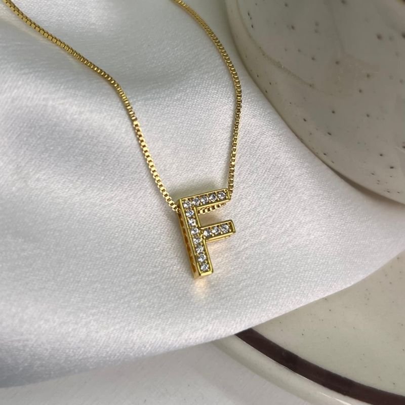 Colar Inicial F Cravejado Banho Ouro 18k/Prata 925