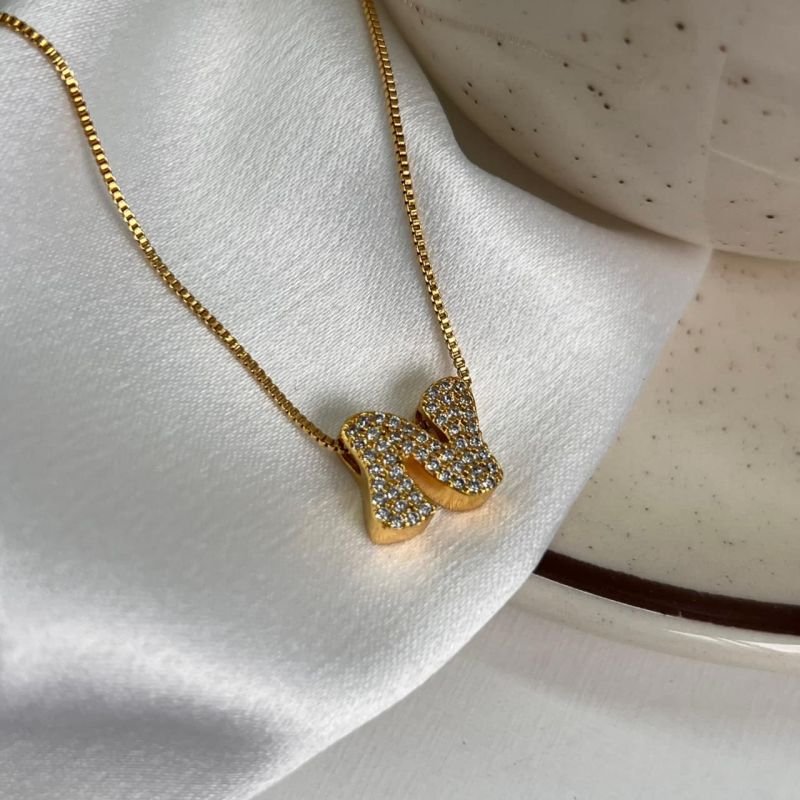 Colar Inicial N Cravejado Banho Ouro 18k/Prata 925