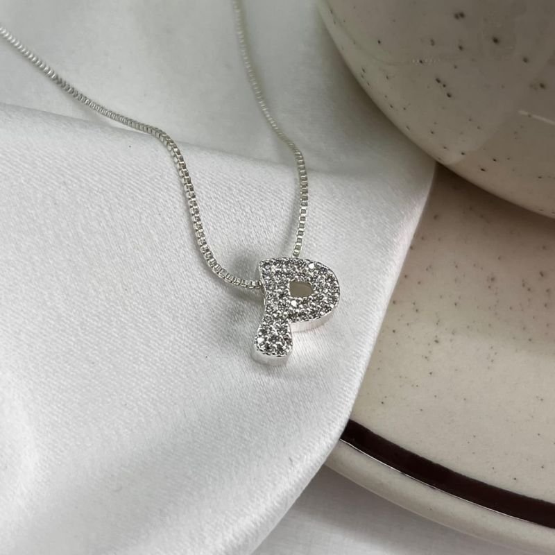 Colar Inicial P Cravejado Banho Ouro 18k/Prata 925