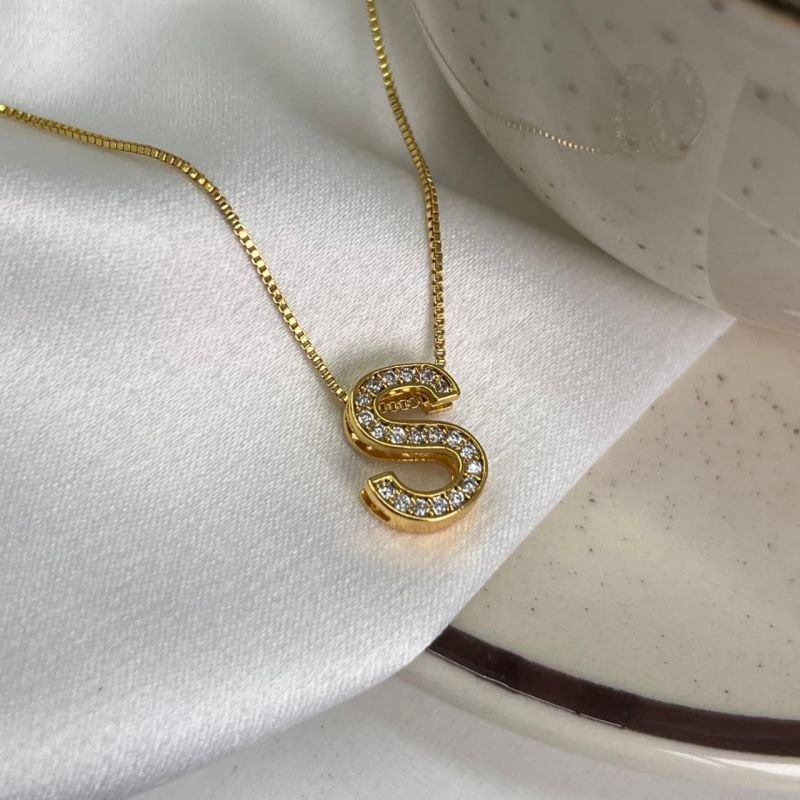 Colar Inicial S Cravejado Banho Ouro 18k/Prata 925
